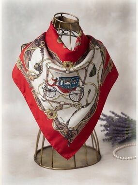 Vintage Brougham Carriage Print Scarf Red & Gold Equestrian Chic